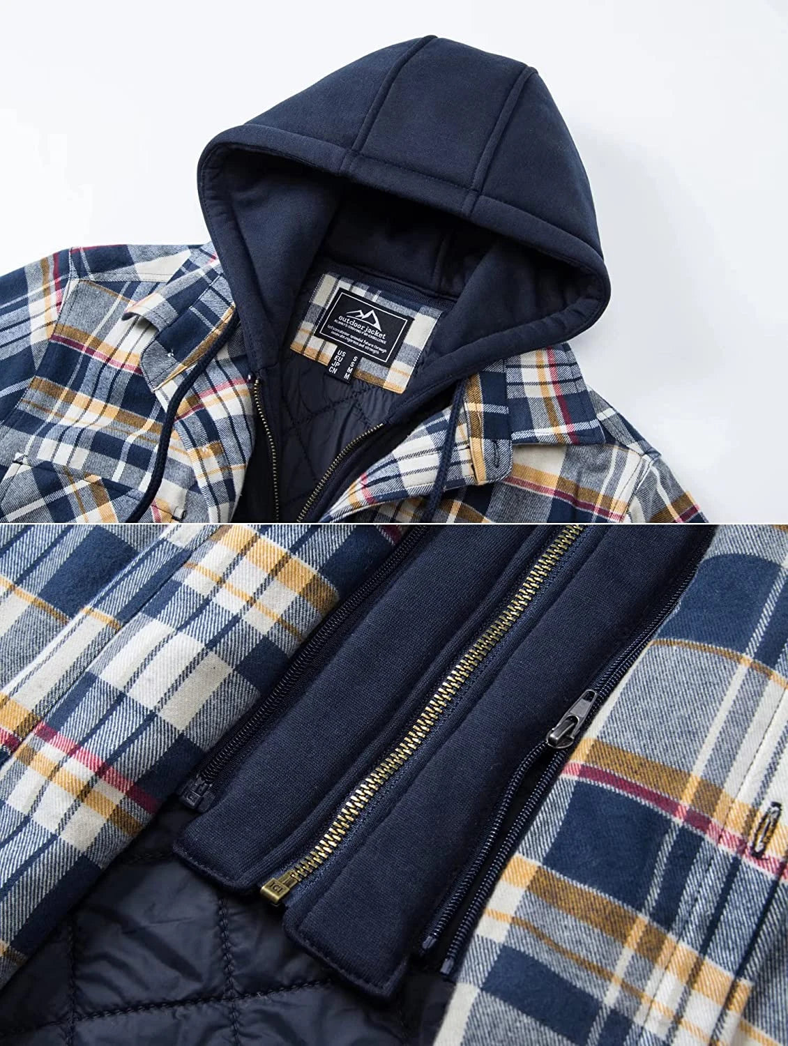 TACVASEN Men's Flannel Shirt Jacket with Removable Hood Plaid Quilted Lined Winter Coats Thick Hoodie Outwear Man Fleece Shirts