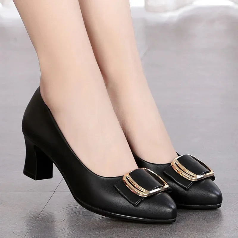 Plus Size Women's Black PU Leather Slip-On Pumps, Round Toe, Square Heel