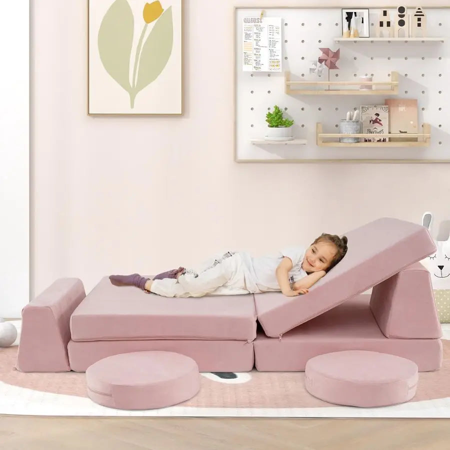 Modular Kids Play Couch, 6 PCS Toddler Creative Sectional Fort Building Sofa for Playroom, Bedroom, Children Convertible Soft Fo