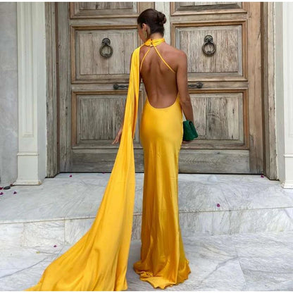 Party Dress Polyester Ankle Length Backless Halter Off Shoulder Sleeveless