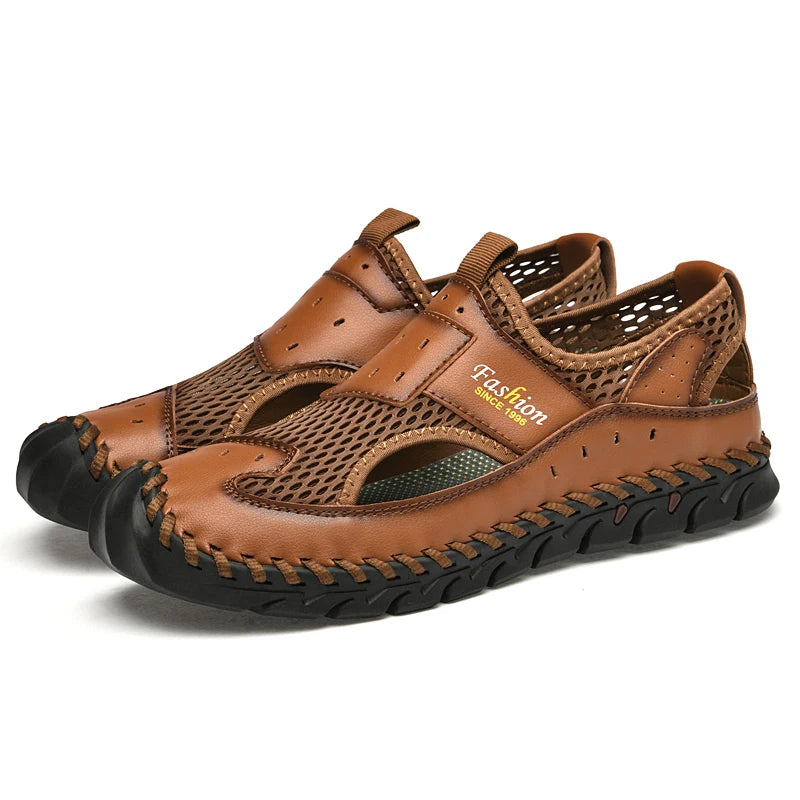 Men's Breathable Leather and Mesh Sandals with Elastic Band