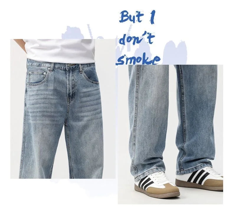 Men's Loose Straight Jeans, Light Blue, Casual Minimalist