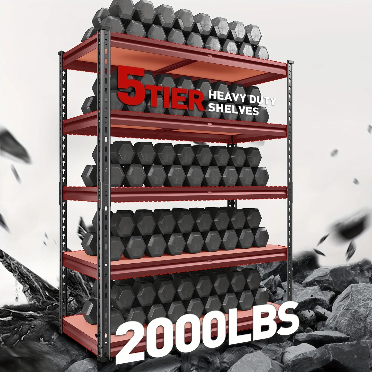 5-Tier Heavy Duty Shelving Unit 2000LBS Capacity - 72"W x 36"D x 16"H Industrial Storage Rack, Matte Black Garage Shelves