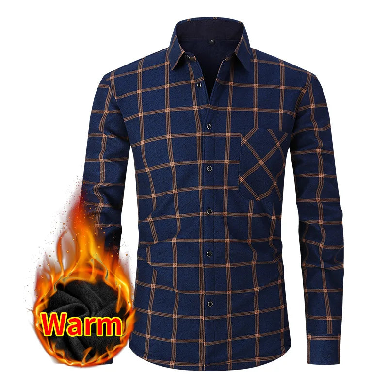 American size men's shirt long sleeve autumn winter warm plus fleece thickened plaid large size fashion free iron