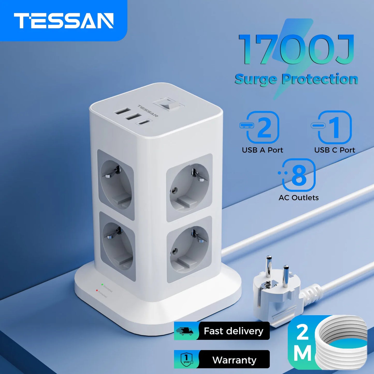 TESSAN Tower Power Strip Multi Outlets with 2 USB +1 Type C 2M Extension Cable EU Plug Vertical Electric Socket Surge Protection
