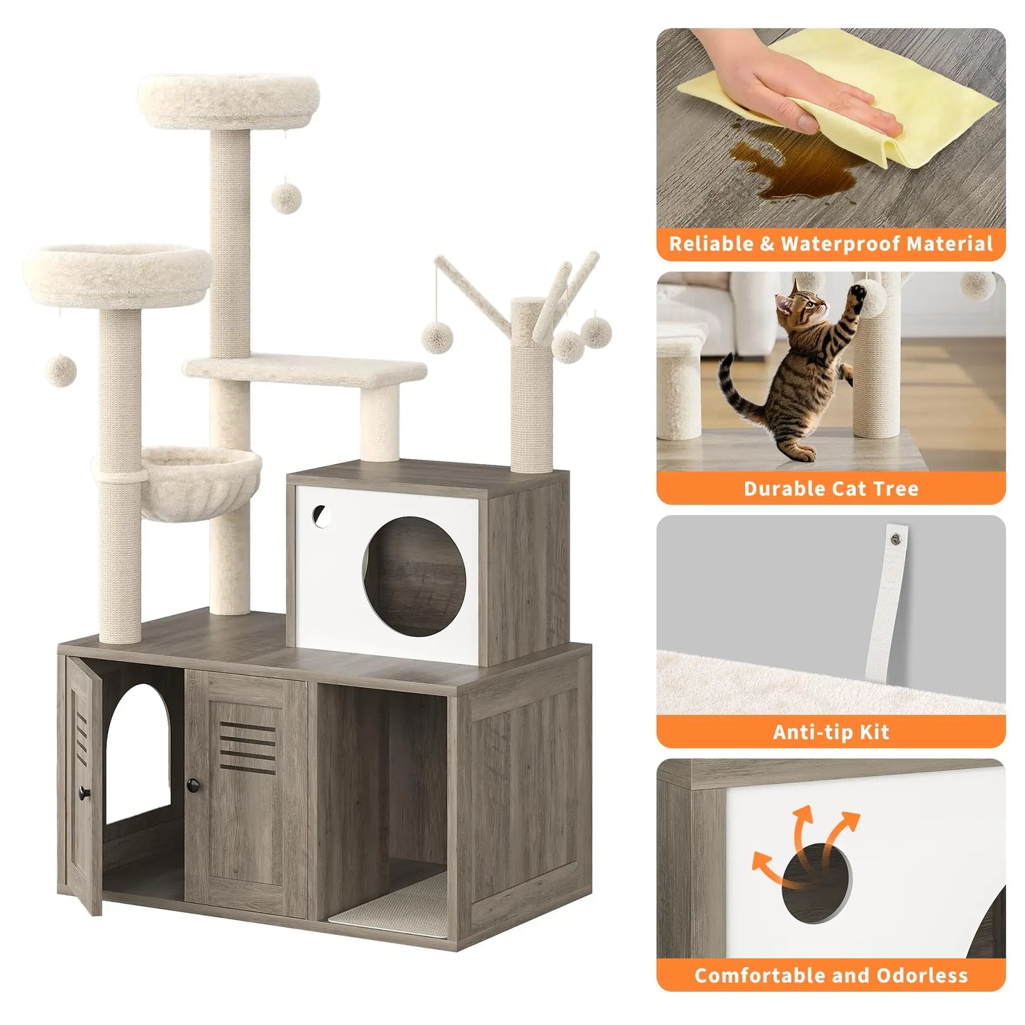 Modern Wooden Cat Tree With Hidden Litter Box Multi-Level Cat Condo Furniture Scratching Posts & Litter Cabinet For Indoor Cats