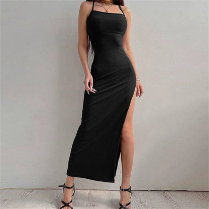 Womens Black Sleeveless Bodycon Dress Halter Neck Spaghetti Strap High Split