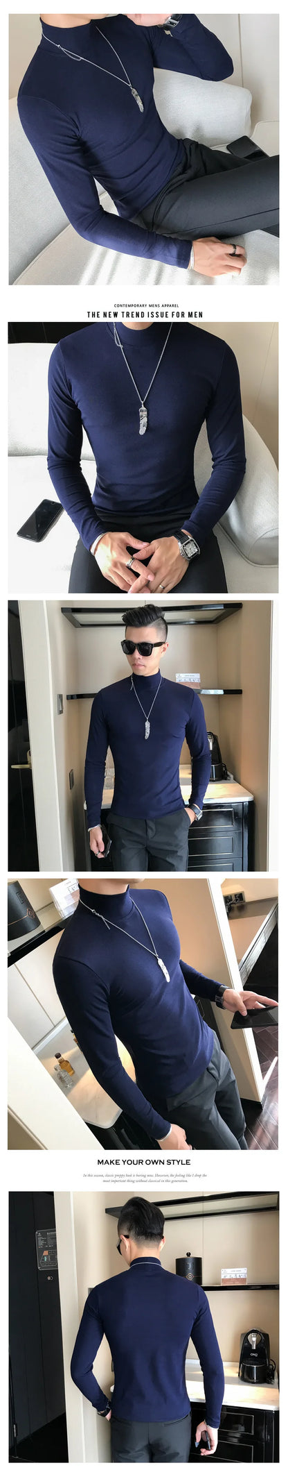 Men's Turtleneck Long Sleeve Pullover, Slim Fit, Polyester Elastane