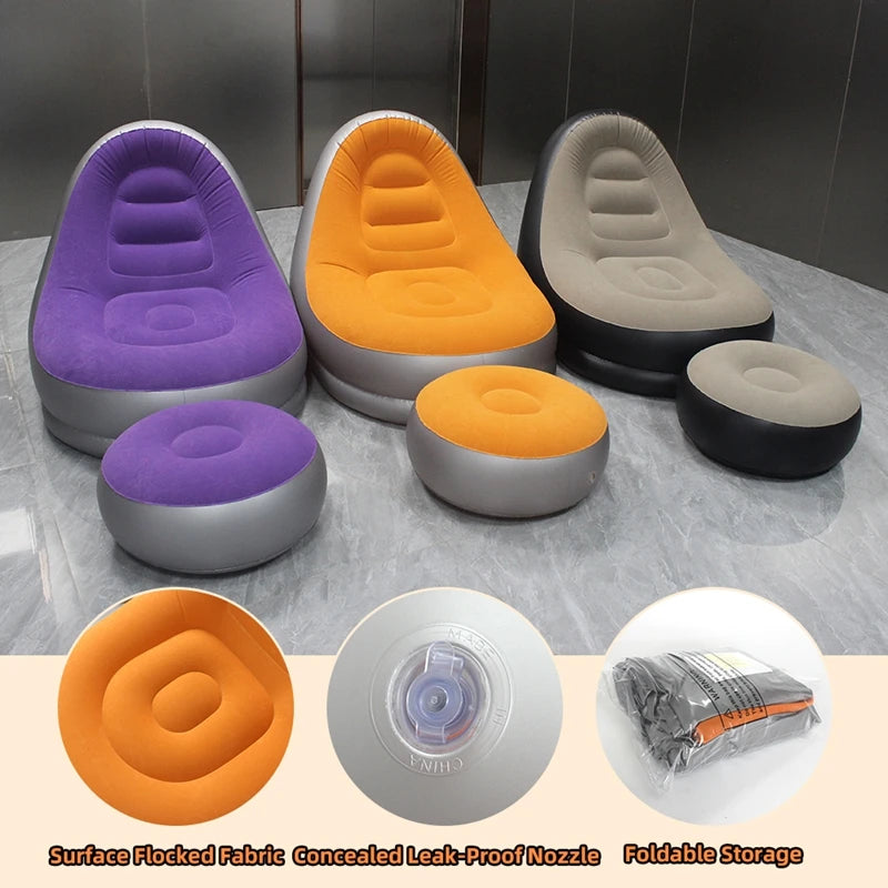 6 Colors Inflatable Lazy Sofa with Footstool Portable Beach Lounge Chair Foldable Air Mattress Outdoor Camping Sleeping Pad