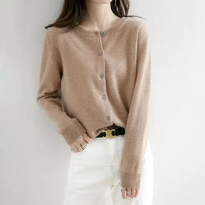 Women's Round Neck Knit Cardigan Sweater, Loose Fit, Solid Color, Lightweight