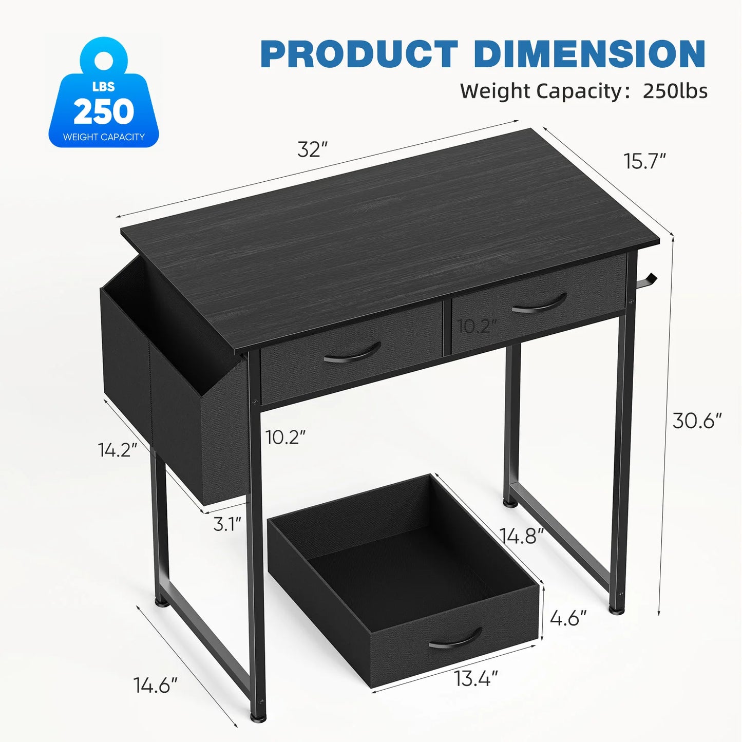 JHK 32 Inch Modern Office Computer Desk with Fabric Storage Drawers Space Side Bag Metal Frame Adjustable Feet For Home PC Table