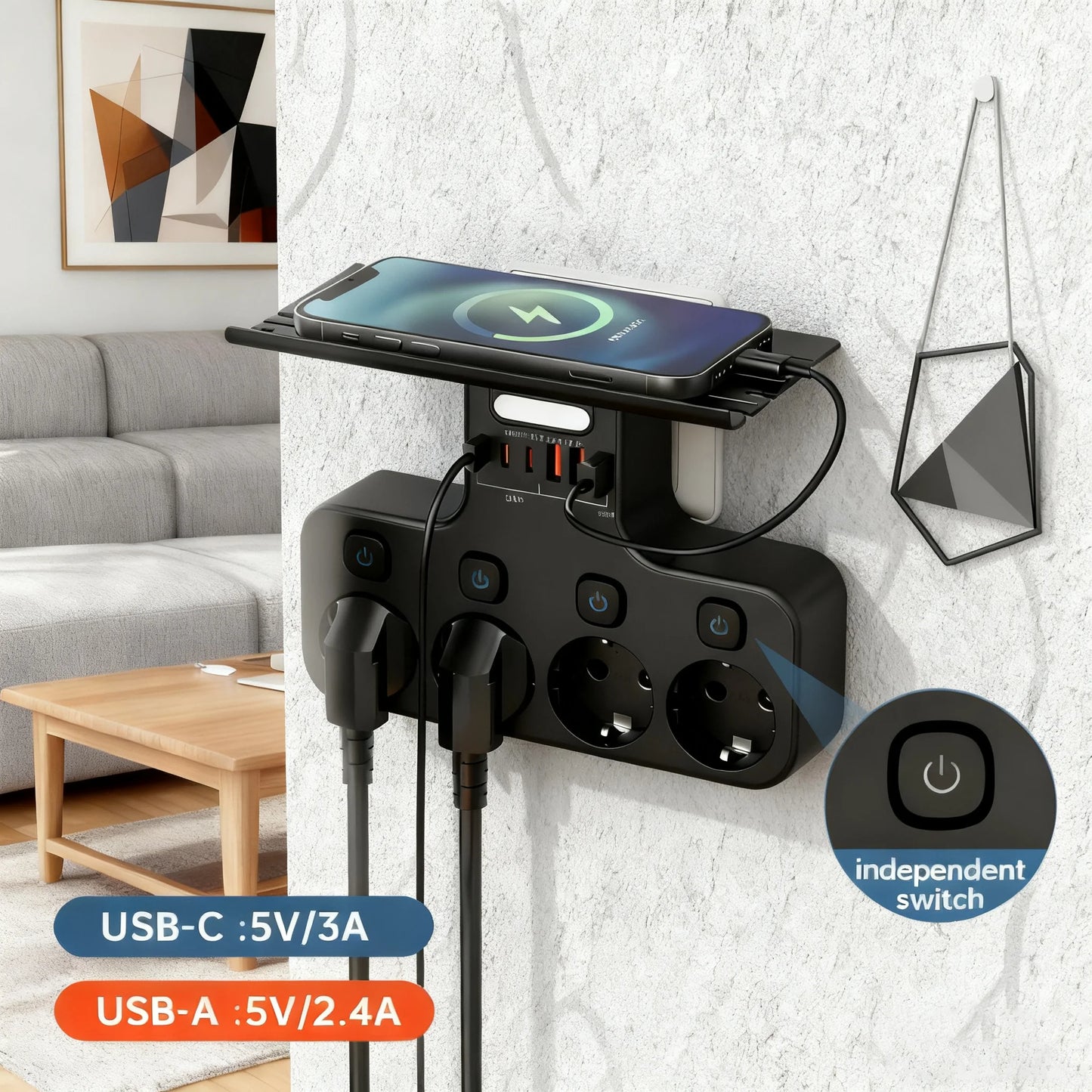 EU Multi-Function Power Strip,4000W Wall Mounted Independent Switches Socket ,Sensor Night Light, 3USB-C 3USB-A Ports Charging