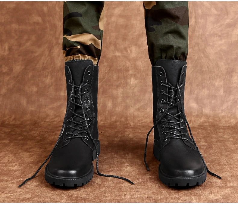 Men's Leather Motorcycle Boots Mid-Calf With Plush Lining