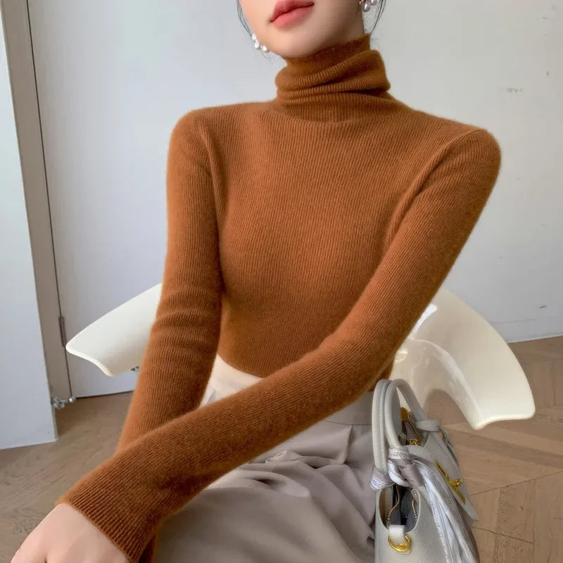 Women Long Sleeve Knitted Pullover Solid Casual Slim Sweater 2025 Autumn Winter Turtleneck Warm Jumper Simple Base Layer Top