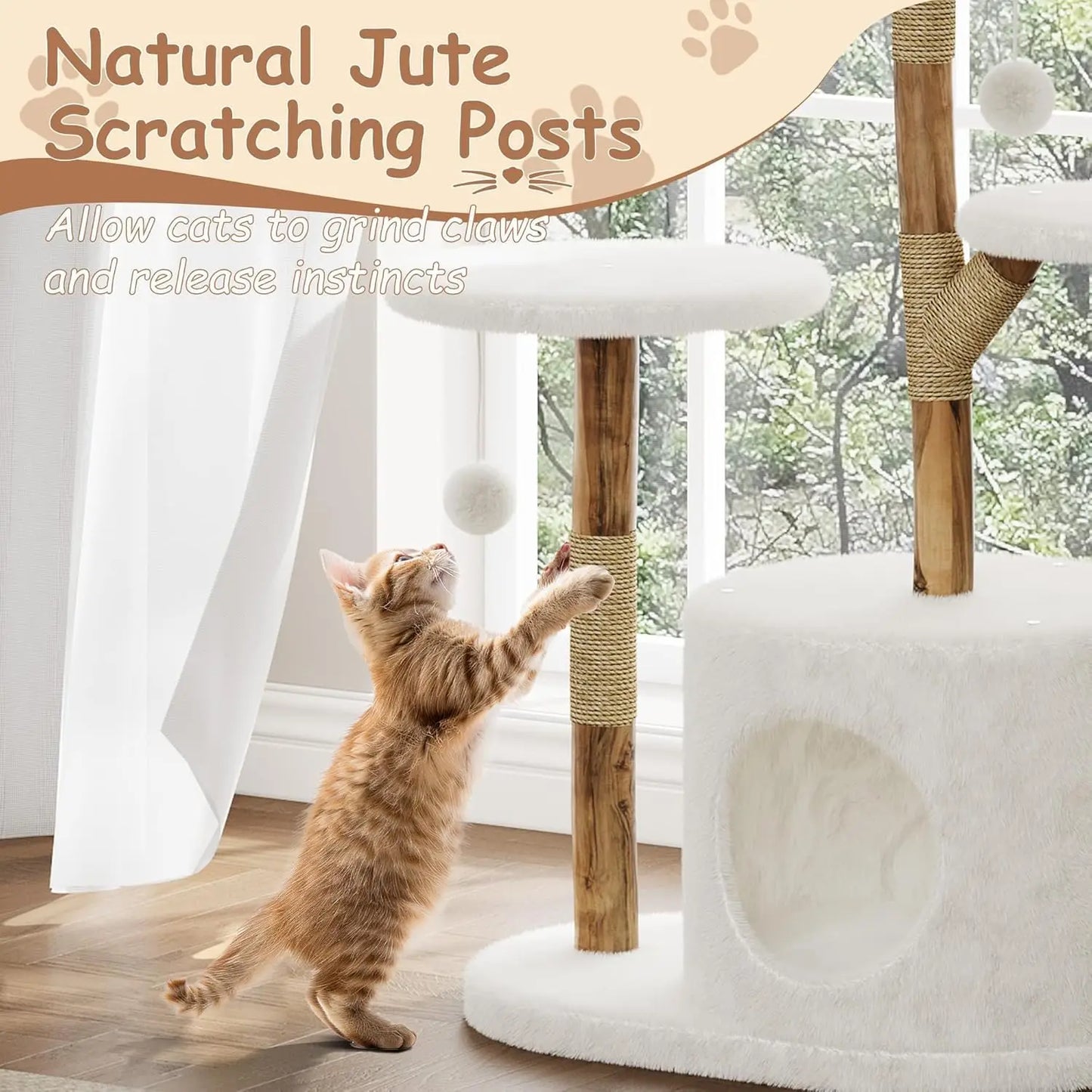 Cat Tree for Large Cats, Wood Cat Tower with Rattan Basket and Platform, Luxury Condo & Perches,Climbing Tree House for Cats
