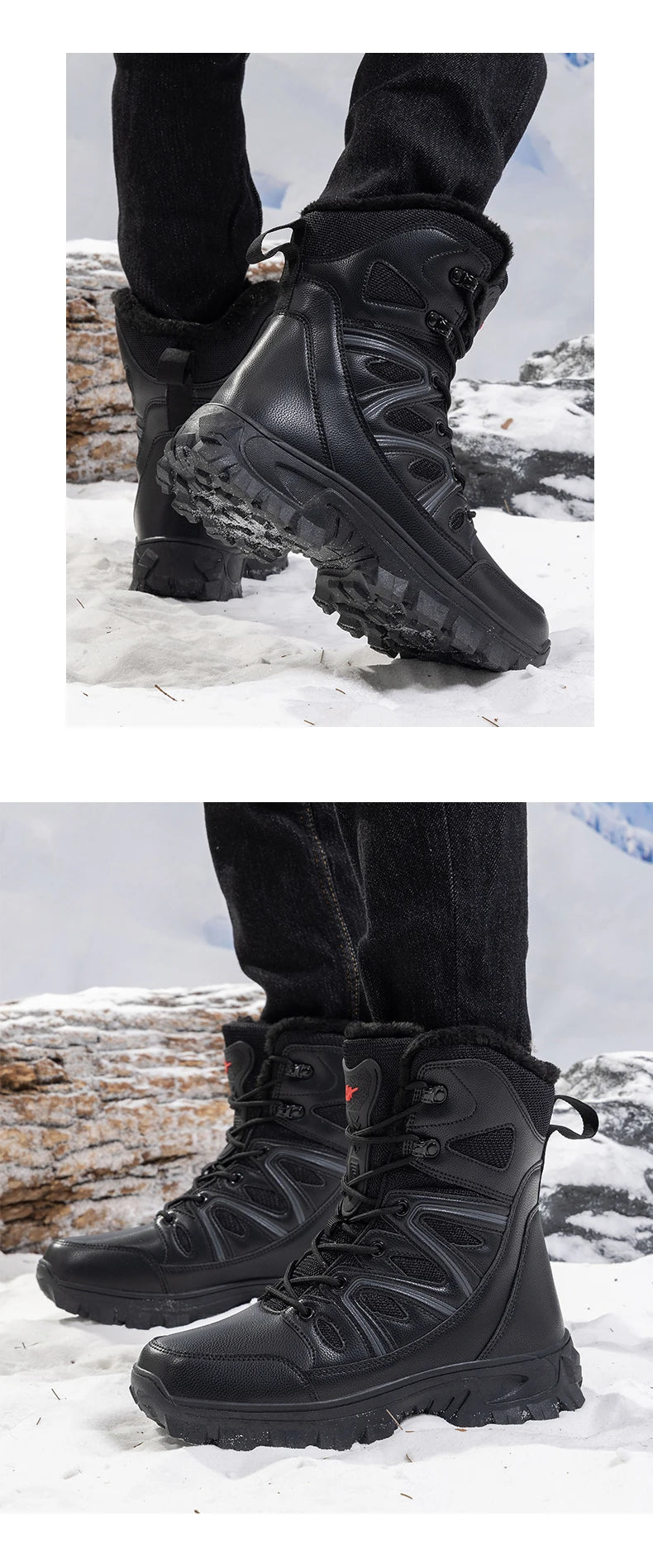 Men's Waterproof Leather Snow Boots Mid-Calf Lace-Up With Plush Lining