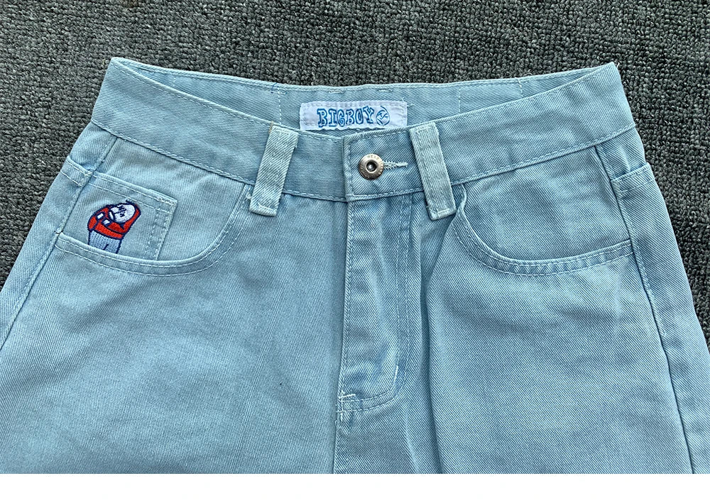 Y2K Embroidered Baggy Jeans For Women High Waist Denim Blue