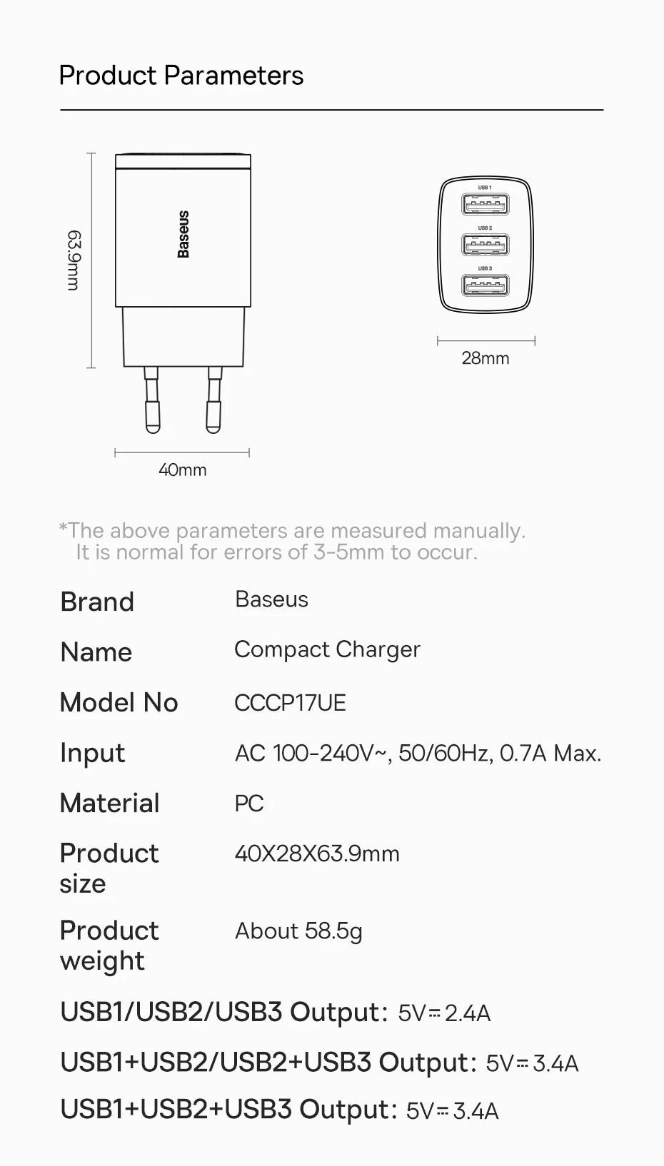 Baseus 17W USB Charger 3 USB Fast Charging Charger For iPhone Xiaomi Mobile Phone Portable Multiple Port Wall Charger EU Adapter