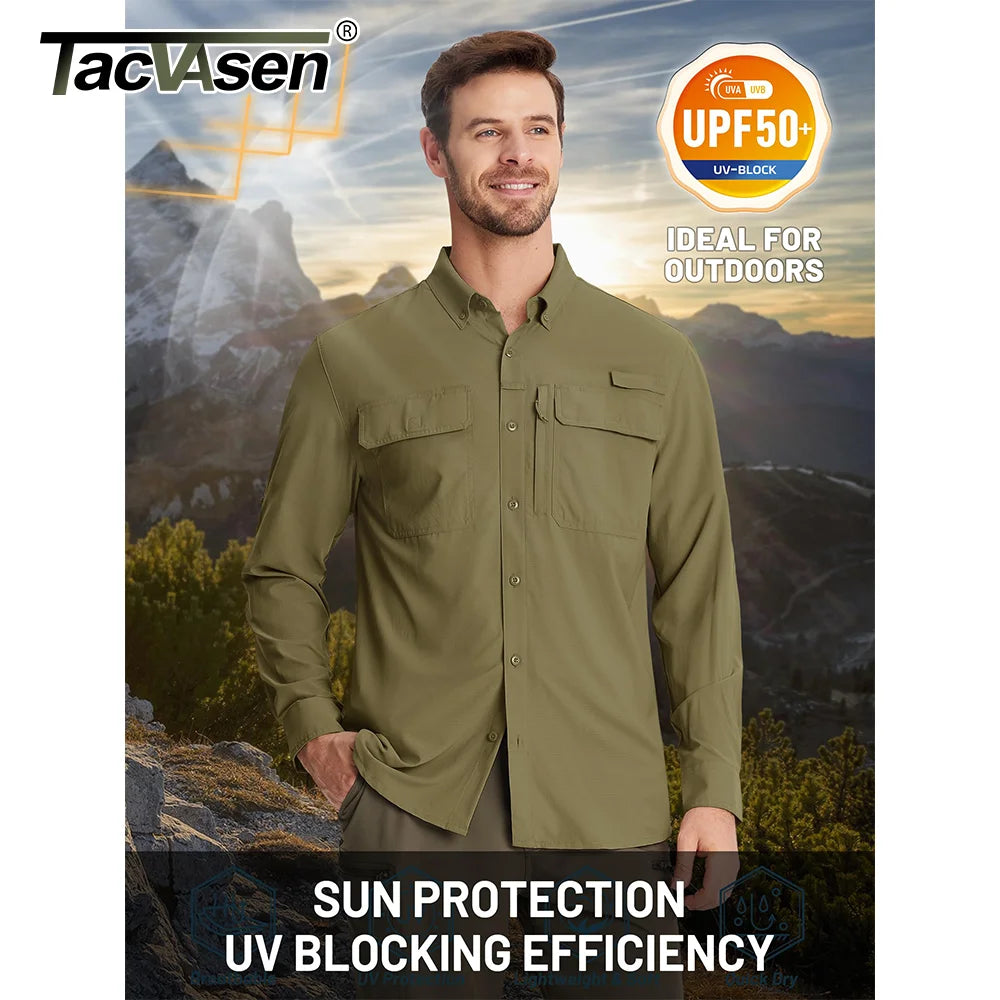 TACVASEN UPF 50+ Sun Protection Fishing Shirts Men's Quick Dry Long Sleeve Shirts Mesh Breathable Hiking Work Cargo Shirts