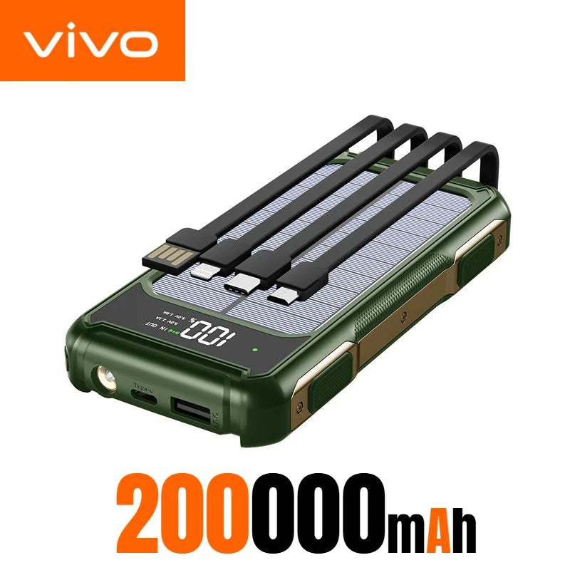 VIVO 200000mAh Solar Power Bank Large Capacity 4 in 1 Built in Cables Intelligent Digital Display Laser Light For Samsung