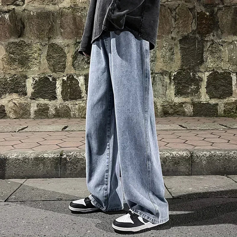 Mens Loose Streetwear Jeans Straight Wide Leg Black Or Light Blue