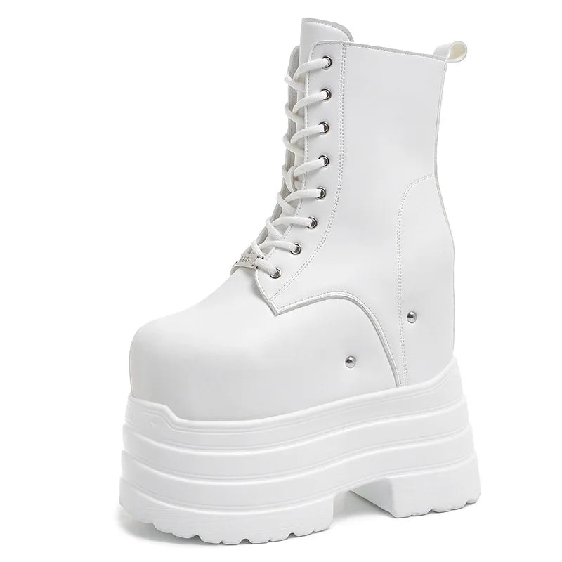 Height Increasing Women's High Boots Black Leather Thick Bottom Platform Shoes Side Zip Gothic Punk Short Boots Street Style