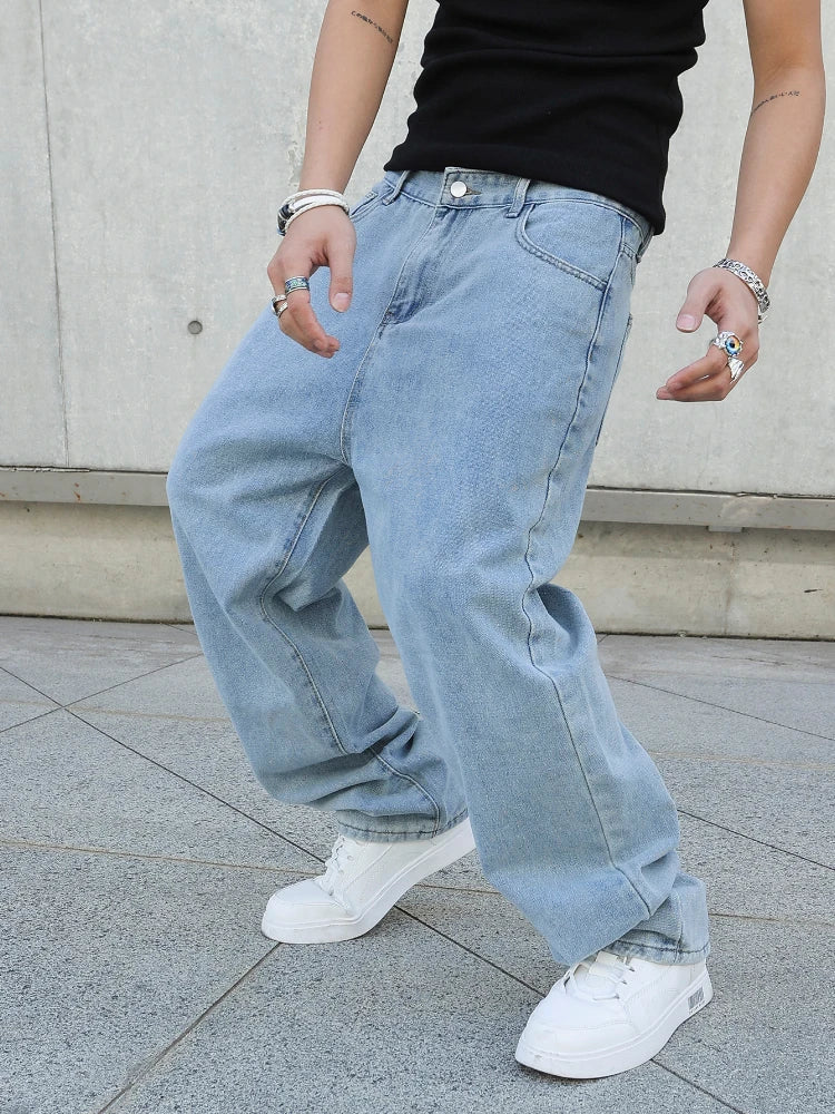 Men's Baggy Denim Jeans Loose Straight Wide Leg Trousers Solid Color