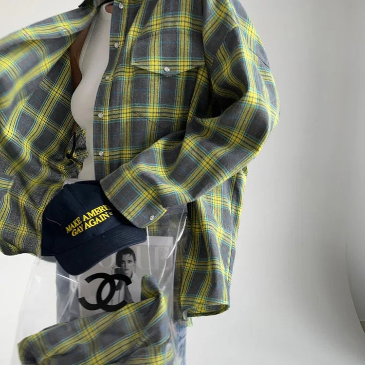 Oversized Plaid Shirt For Women Long Sleeve Button-Down Korean Style