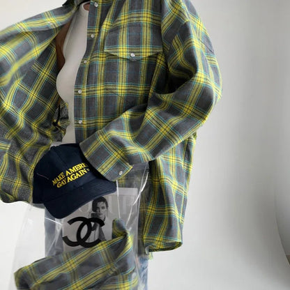 Oversized Plaid Shirt For Women Long Sleeve Button-Down Korean Style