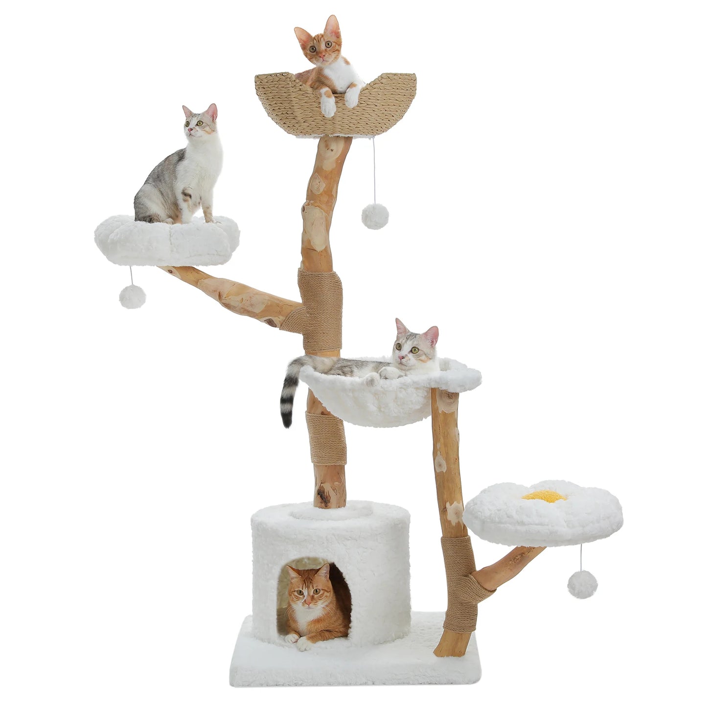 Solid Wood Cat Tree Modern Cat Tower with Spacious Cat Condo,Flower Perches,Fun Pompom,Double Comfort Perfect for Indoor Kittes