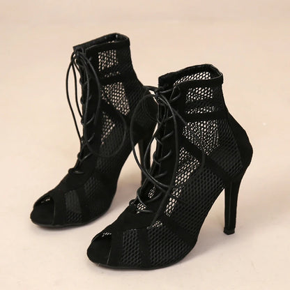Women's Hollow Mesh Peep Toe Ankle Strap Sandals, Black, 3-5 cm Heel