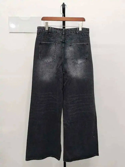 Men's Summer Denim Jeans Old Blue Washed Straight Loose Wide Leg