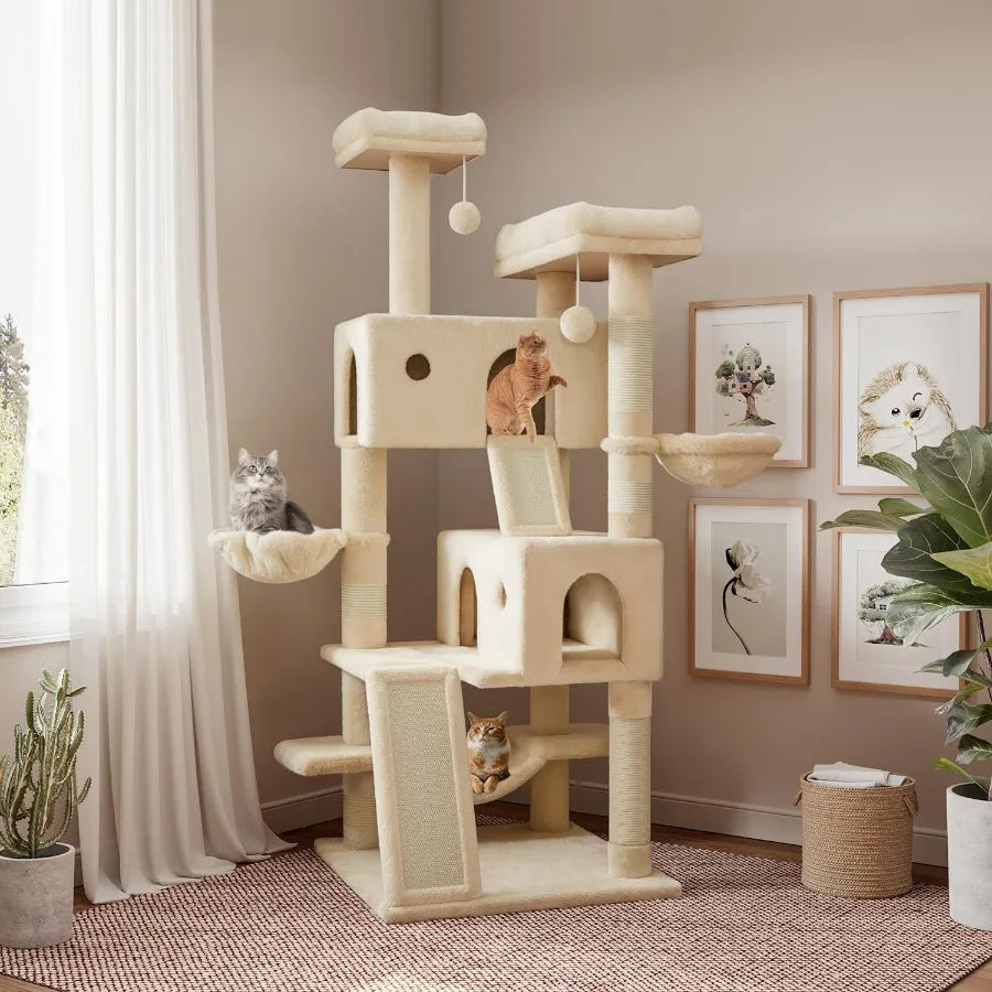 65in Larger Cat Tree Tower Condo for Indoor Kitties/Multi-Level Furniture Activity Center with Wide Base/Cozy Plush Cat Perches