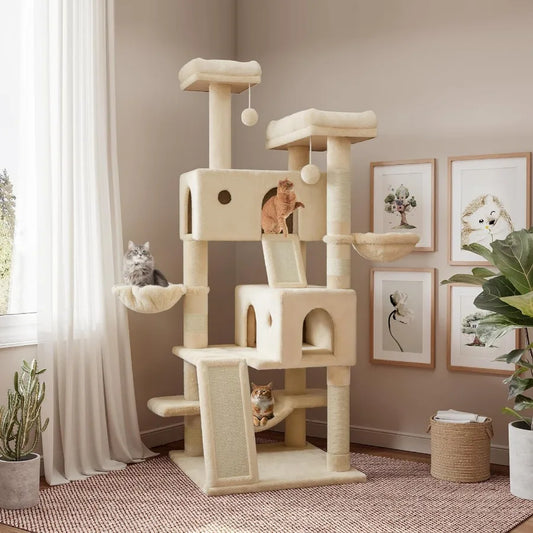 65in Larger Cat Tree Tower Condo for Indoor Kitties/Multi-Level Furniture Activity Center with Wide Base/Cozy Plush Cat Perches