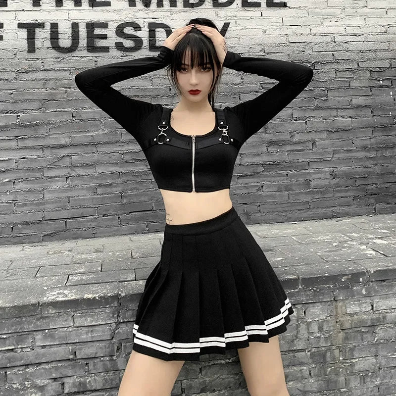 Fashion Korean Style Patchwork Skirt Harajuku Black Pleated Skirts Gothic Streetwear High Waist Mini Skirt Women Punk Skirt