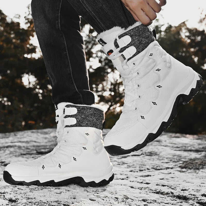 Men's Winter Snow Boots Leather Waterproof Mid-Calf Plush Lining Lace-Up