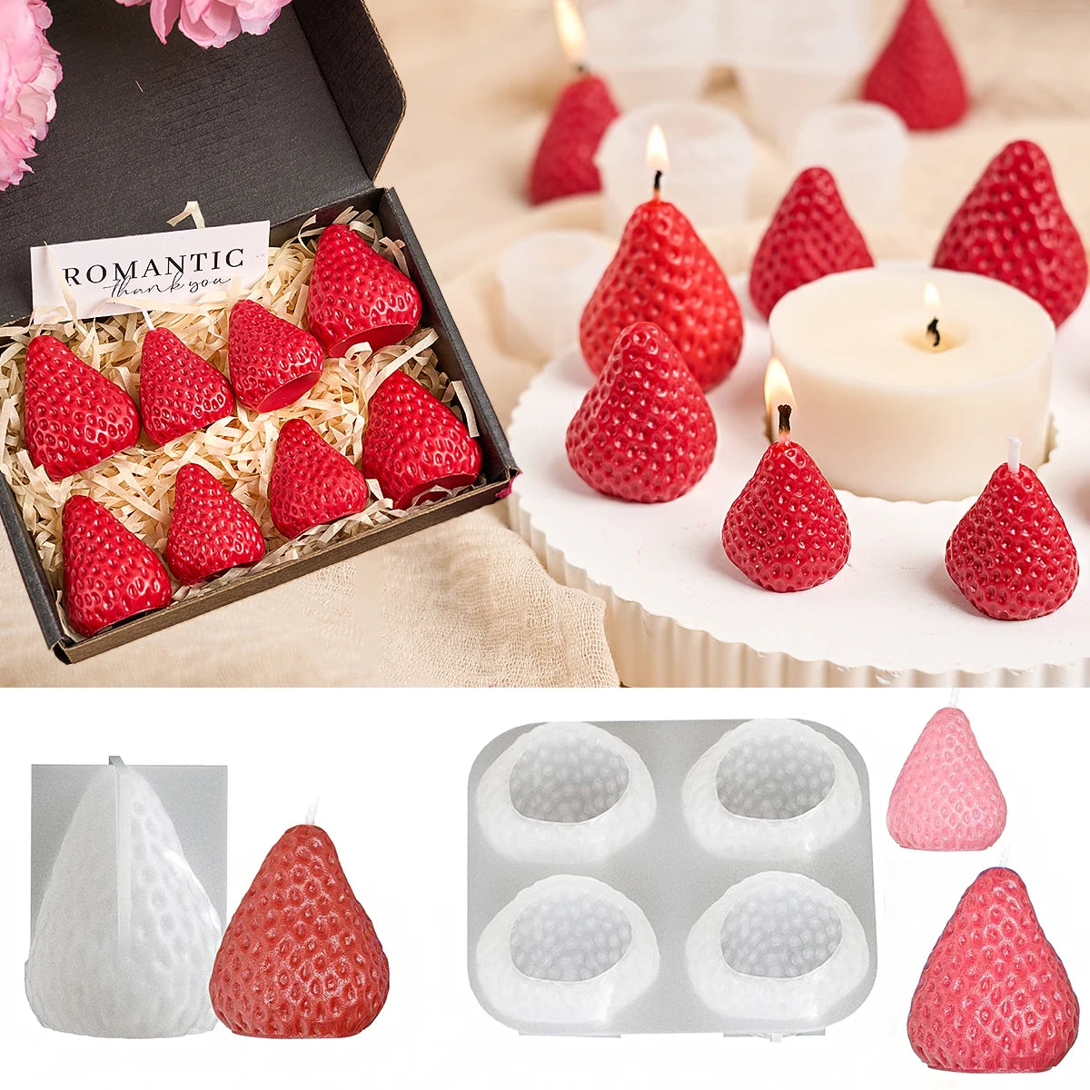 3D Strawberry Aromatherapy Candle Silicone Mold DIY Handmade Romantic Scented for Valentine's Day Party Home Decor Birthday Gift