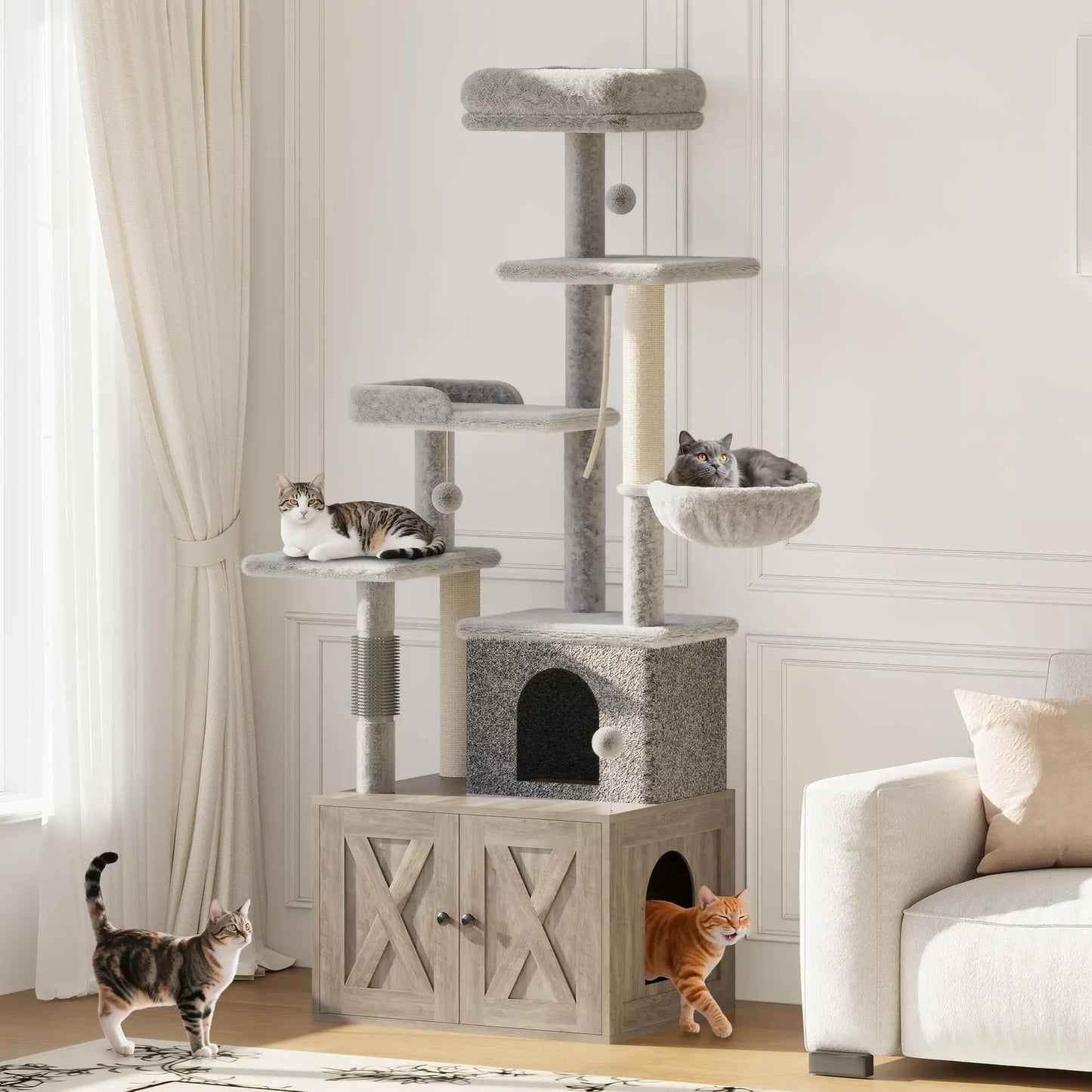 55" 2-in-1 Cat Tree With Litter Box Enclosure Multilevel Cat Play House Large Condo Hammock Scratching Post Odor Control Indoor