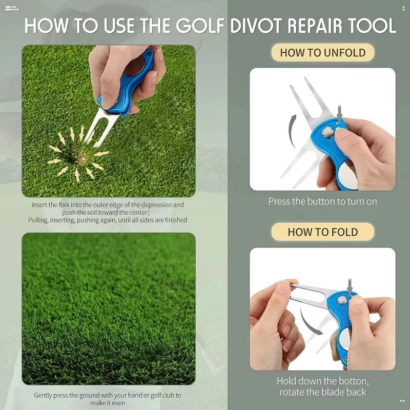 1PC Foldable Metal Golf Turf Repair Tool With Magnetic Ball Marker And Pop-Up Button For Golf Green Fork Golf Tool