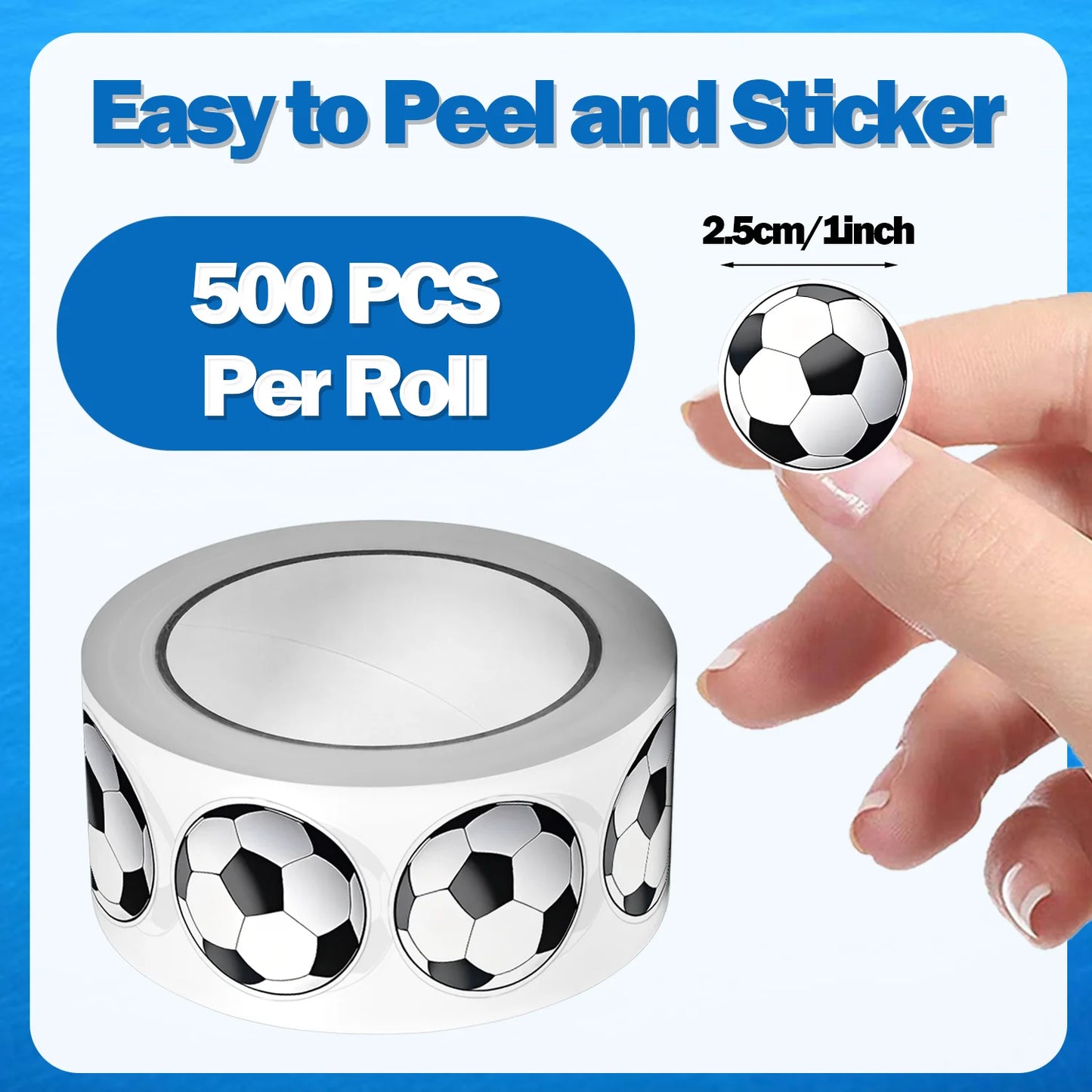 500Pcs/Roll Colorful Footballs Soccers Sport Stickers 2.5cm/1.0'' 16 Designs Decals Diy Adorn Gifts for Various Packaging