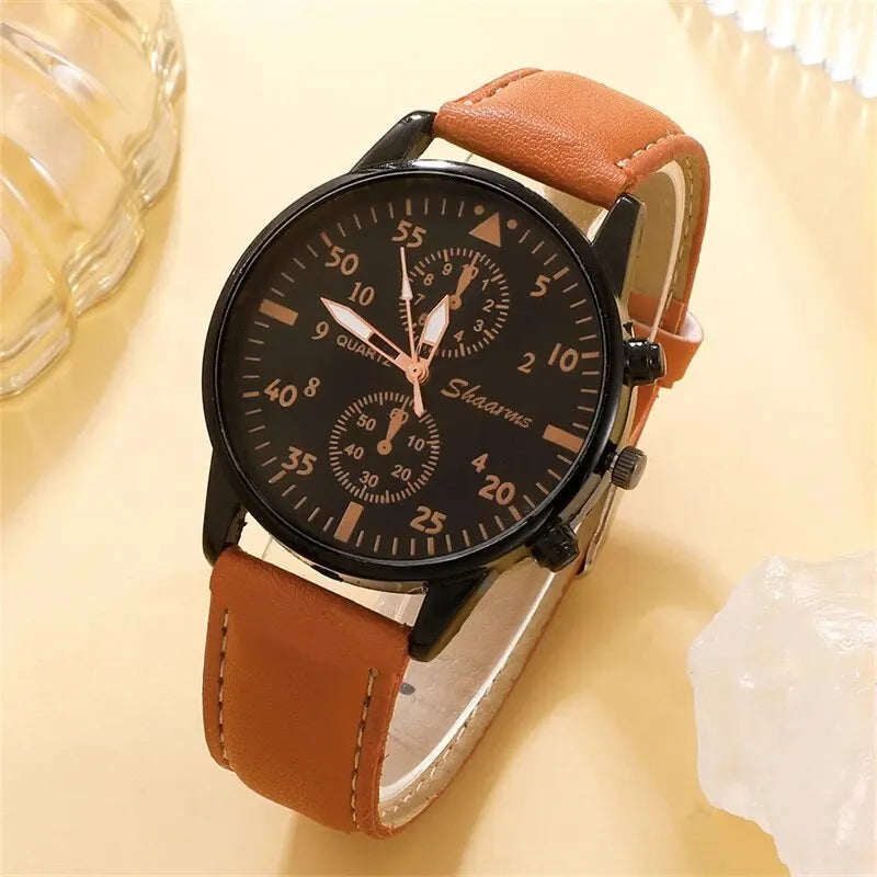 Elegant Leather Watch & Bracelet Set for Men – Fashion Quartz Wristwatch