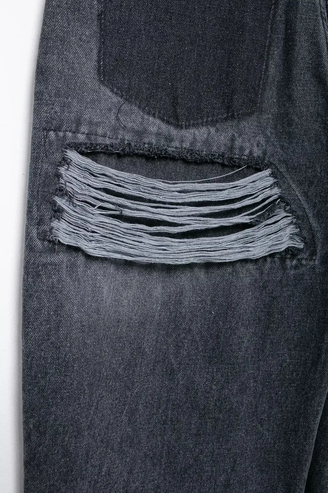 HH 2024 Women's Street Fashion Denim Blue Jeans Distressed Patchwork High Waist Zipper Fly Ripped Retro Long Pants