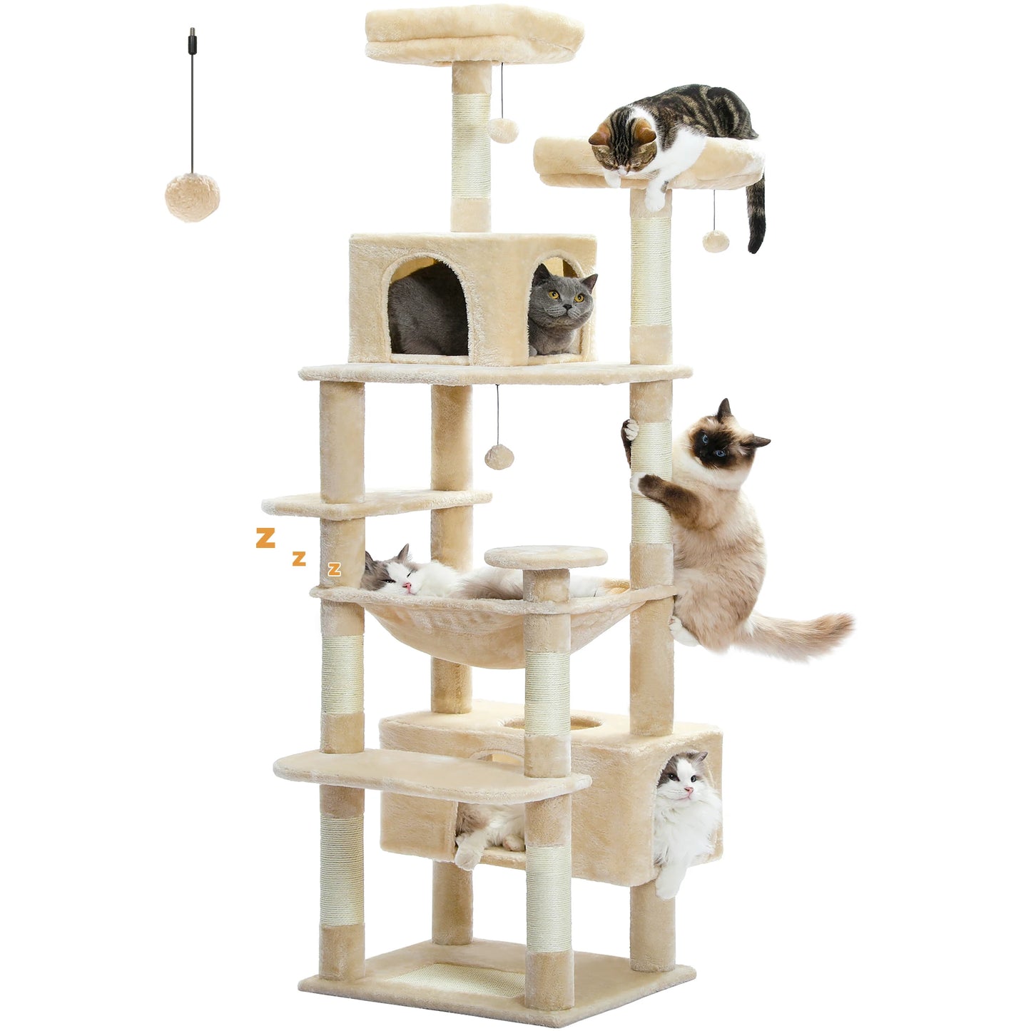 Spacious Cat Tree Tower with Hammocks and Scratching Posts