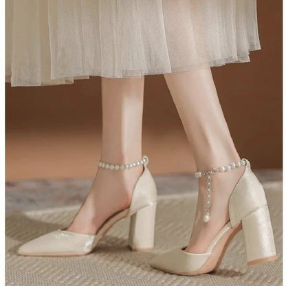 Pearl-Embellished Satin Heels, 5cm Chunky Low Heel, Adjustable Ankle Strap