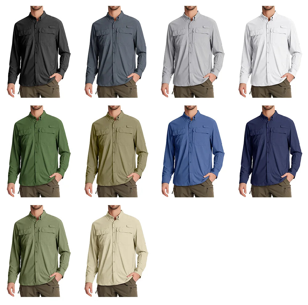 TACVASEN UPF 50+ Sun Protection Fishing Shirts Men's Quick Dry Long Sleeve Shirts Mesh Breathable Hiking Work Cargo Shirts