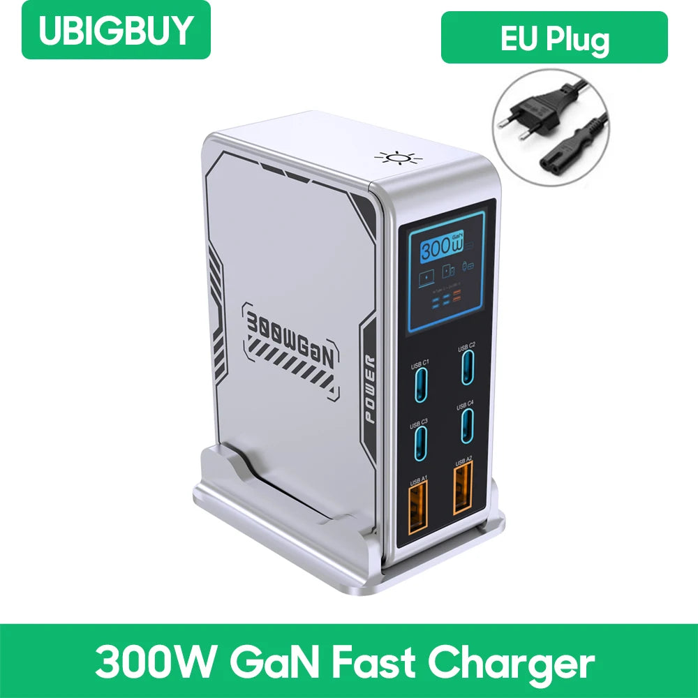 Ubigbuy 300W GaN Charger PPS PD 100W USB Type C 6-Port Digital Display Desktop Fast Charging Station for MacBook iPhone Samsung