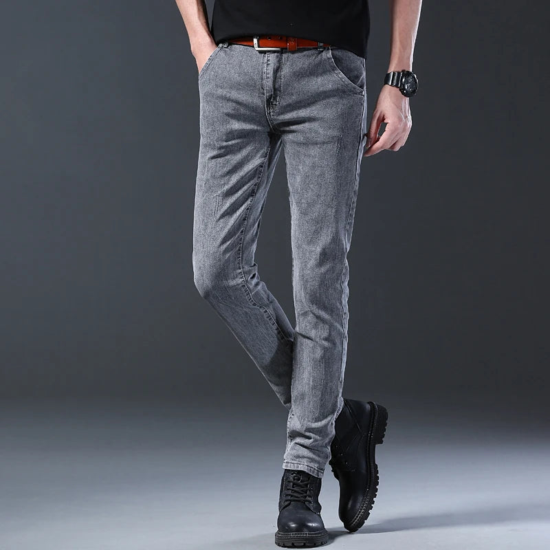 Men's Slim Fit Jeans Gray Elastic Mid-Waist Denim Straight Leg