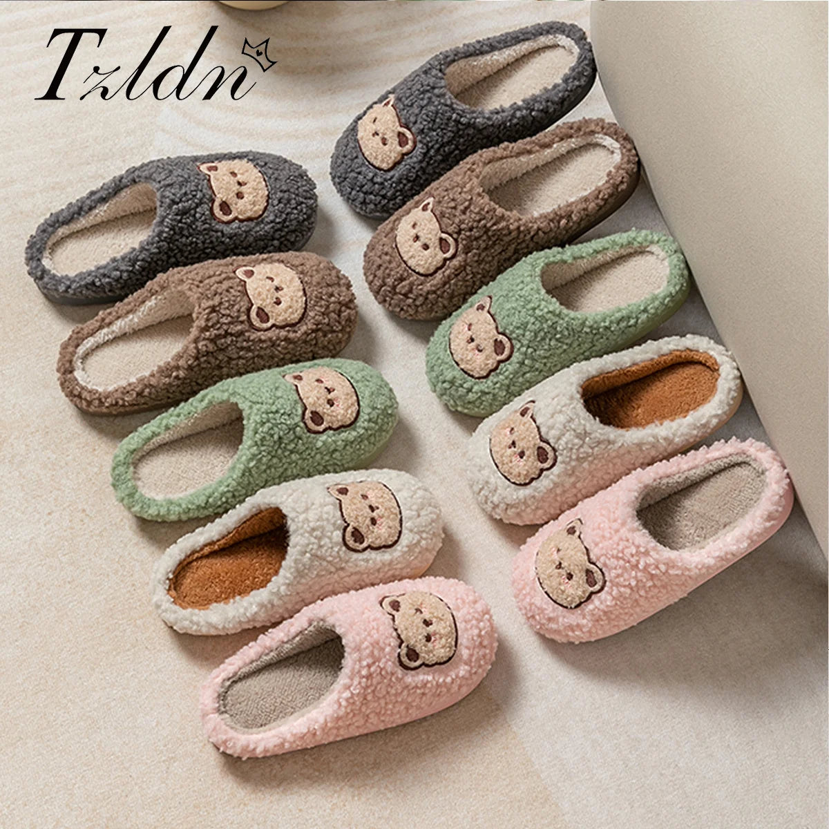 TZLDN Fashion Men's Slippers Winter Warm Cartoon Bear Lovely Indoor Soft Sole Non-slip Dormitory Causal Home Plush Shoes Couple