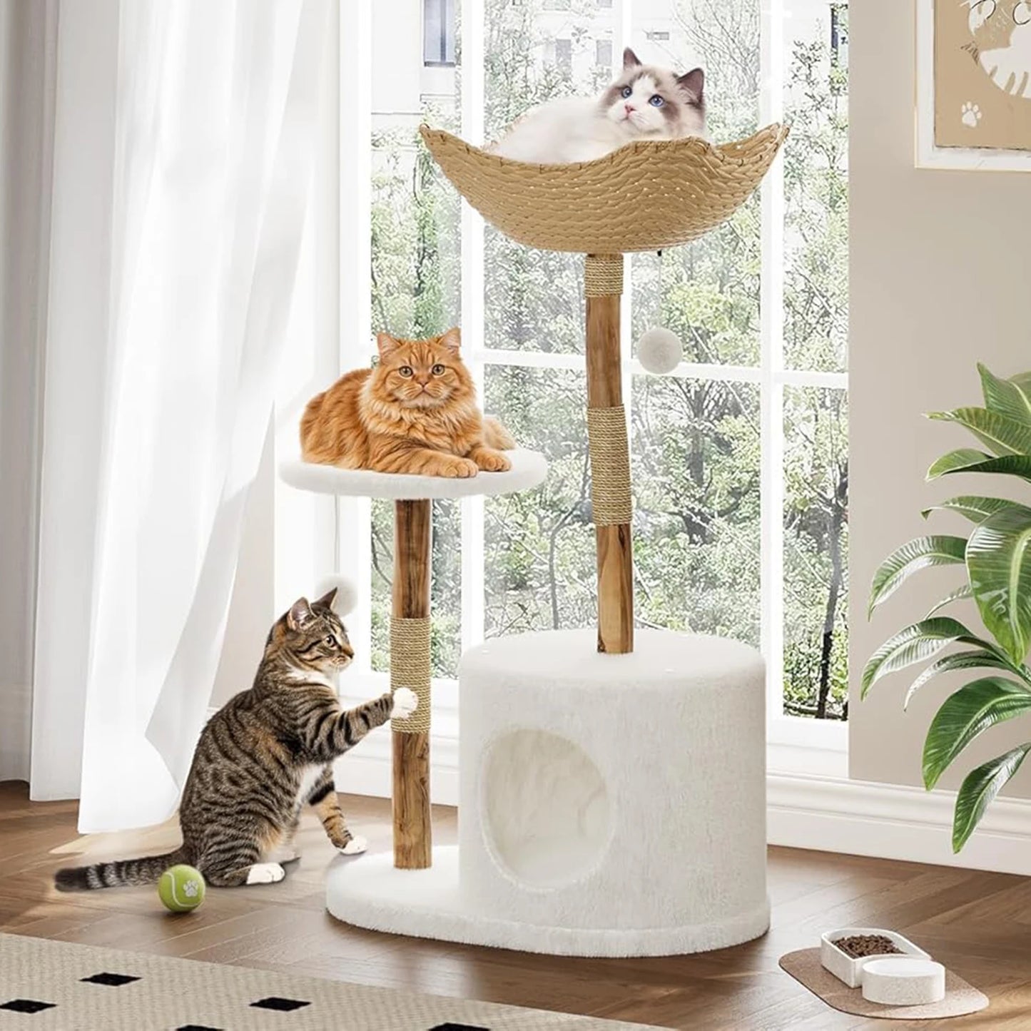 Cat Tree for Large Cats, Wood Cat Tower with Rattan Basket and Platform, Luxury Condo & Perches,Climbing Tree House for Cats
