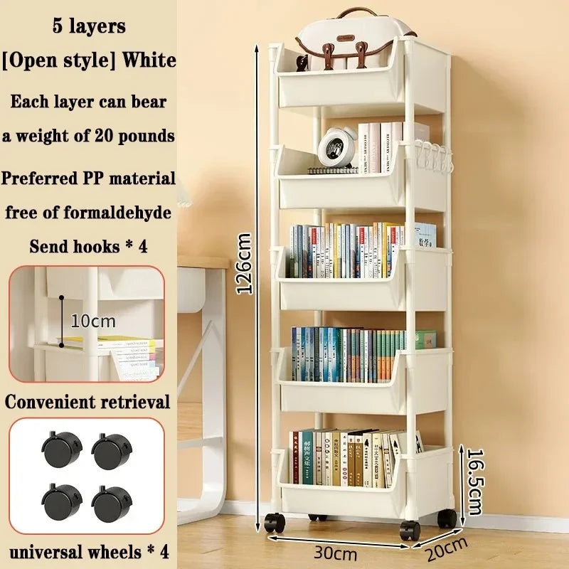 Bookshelf With Wheels Multi-Layer Movable Trolley Home Snack Organizer Shelf Kitchen Vegetable Basket Bedroom Mobile Cart Racks